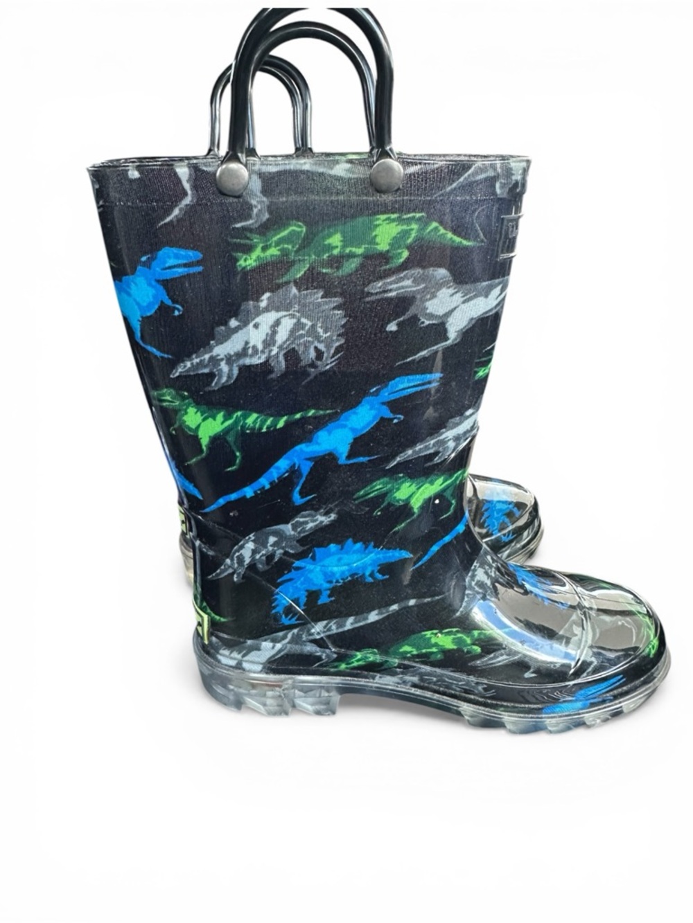 Light Up Soles - Dinosaur Kids Rain Boots with Blue & Green Dinosaurs
